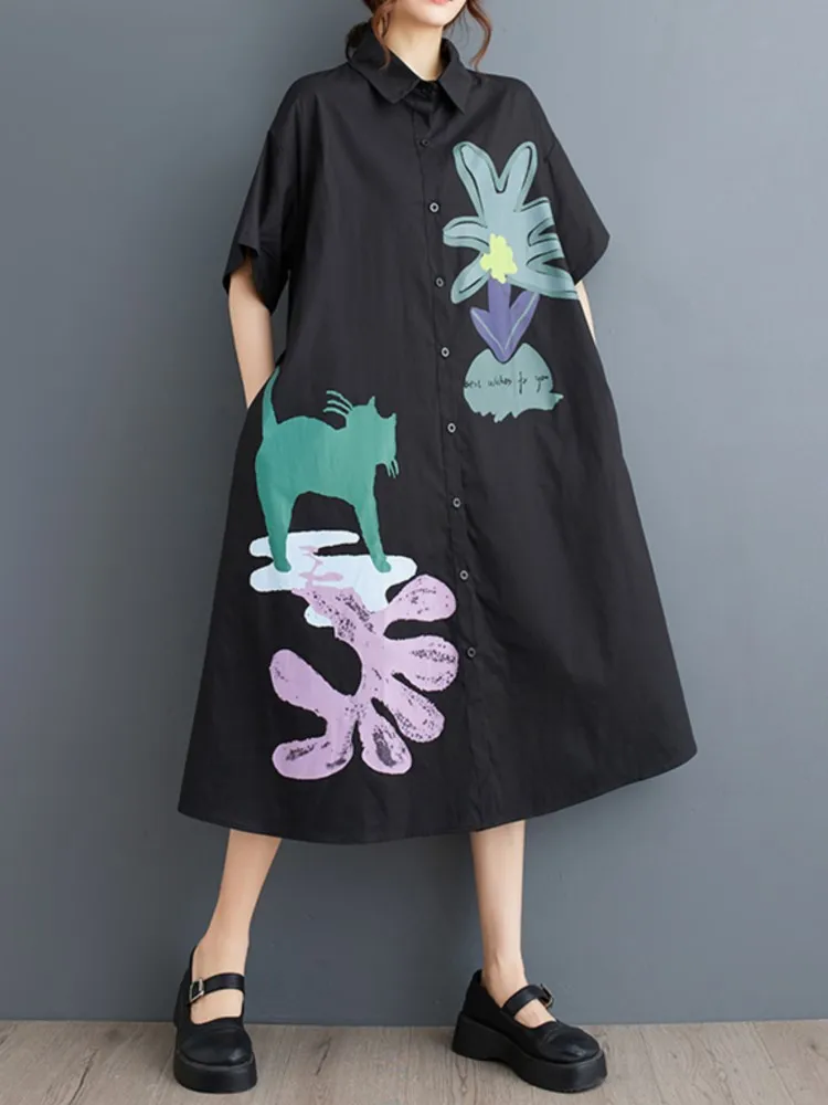 Oversized verão camisa vestido feminino impressão moda casual solto senhoras vestidos de manga curta mulher camisas longas vestido