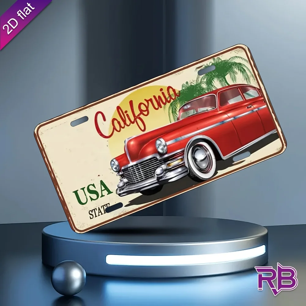2D Flat, 1pc Aluminum Metal Sign with California USA License Plate Design - Vintage Car & Palm Tree Wall Art, UV Printed view 6