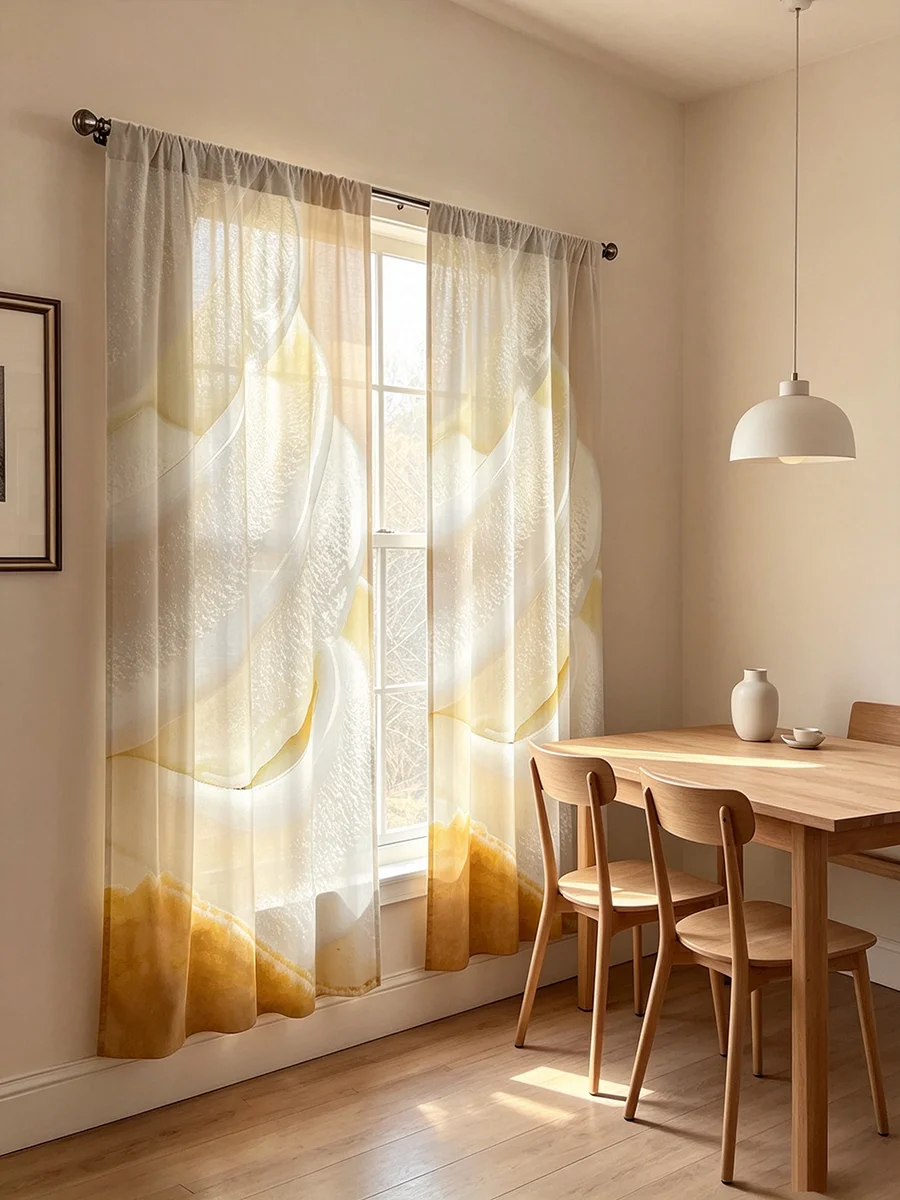 2PCS Digital Print Curtains Soft Yellow Abstract Ribbon Gradient Print Minimalist Living Room Window Drapes