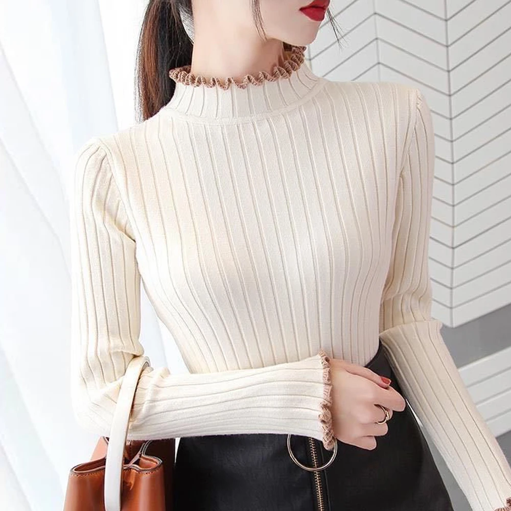 Cheaper Women's Long Sleeve Sweater T Shirt Black Female Blouses 8 Styles Screw Slim Stretch Tees Clothes Thread Knitted Top