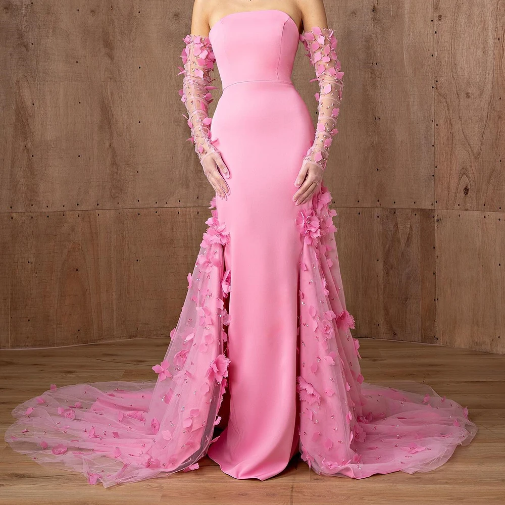 

Customized Classic Jersey Straight Detachable Sleeve Appliques and Crystal Evening Dress Strapless Zipper Back Panel Train