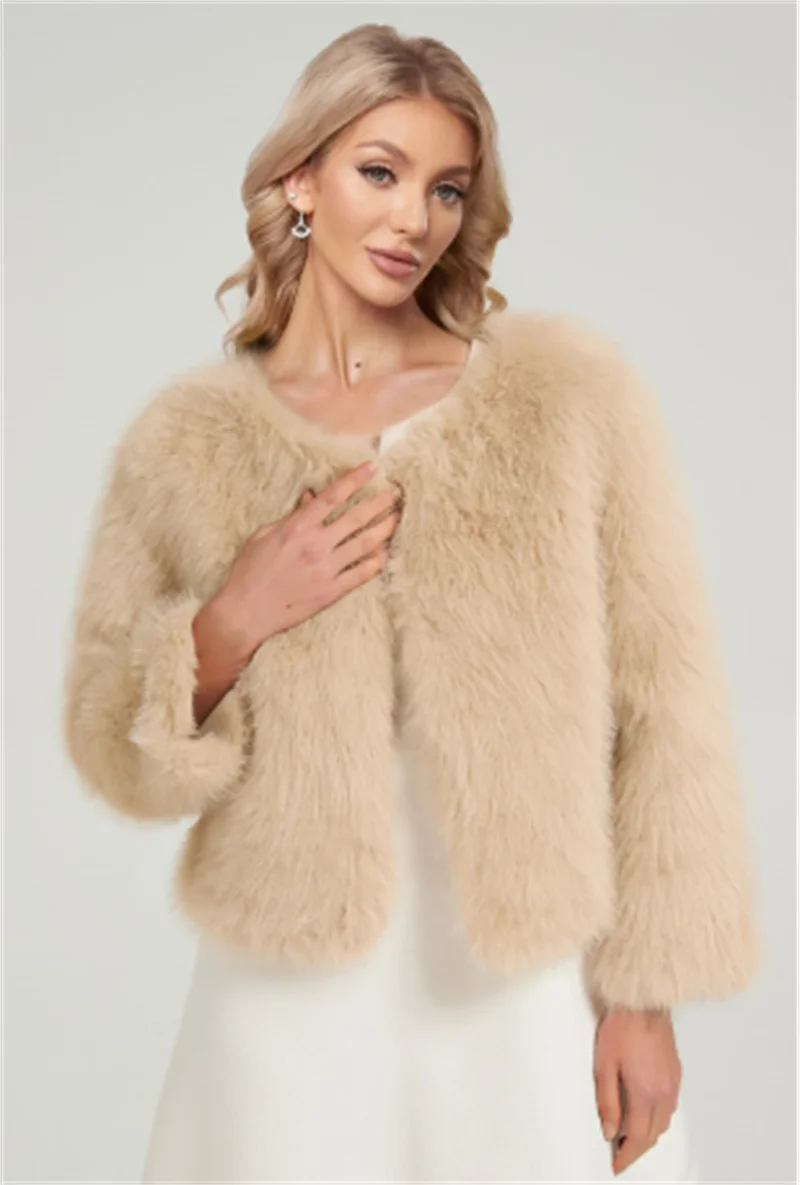 Guobioziy Women's Jacket 2026 Winter New Fashionable Simple High-End Feeling Round Neck Warm Faux Fur Short Jacket