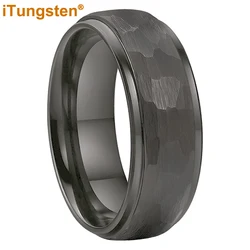 iTungsten 8mm Gunmetal Color Hammer Ring Men Women Tungsten Engagement Wedding Band Domed Stepped Edges Comfort Fit