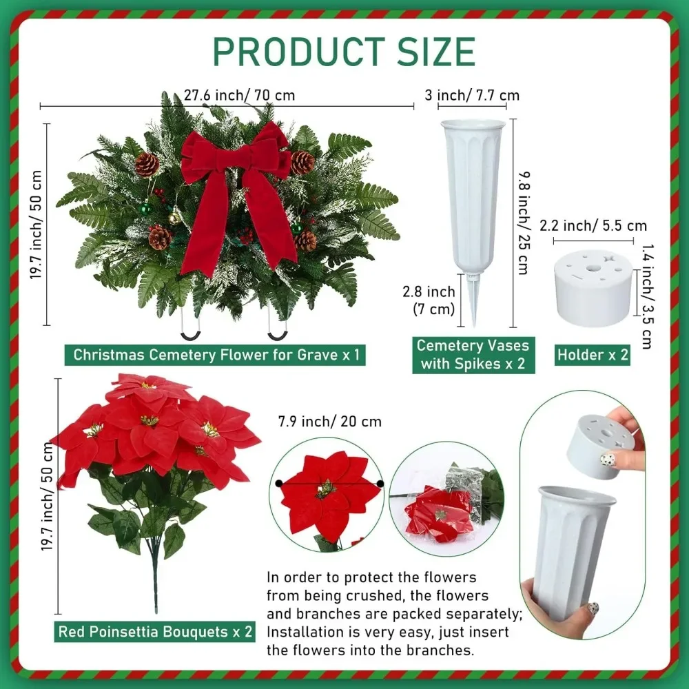 3 Pieces Christmas Cemetery Flowers - Snow Frosted Headstone Saddles with Red Poinsettias & Velvet Bow