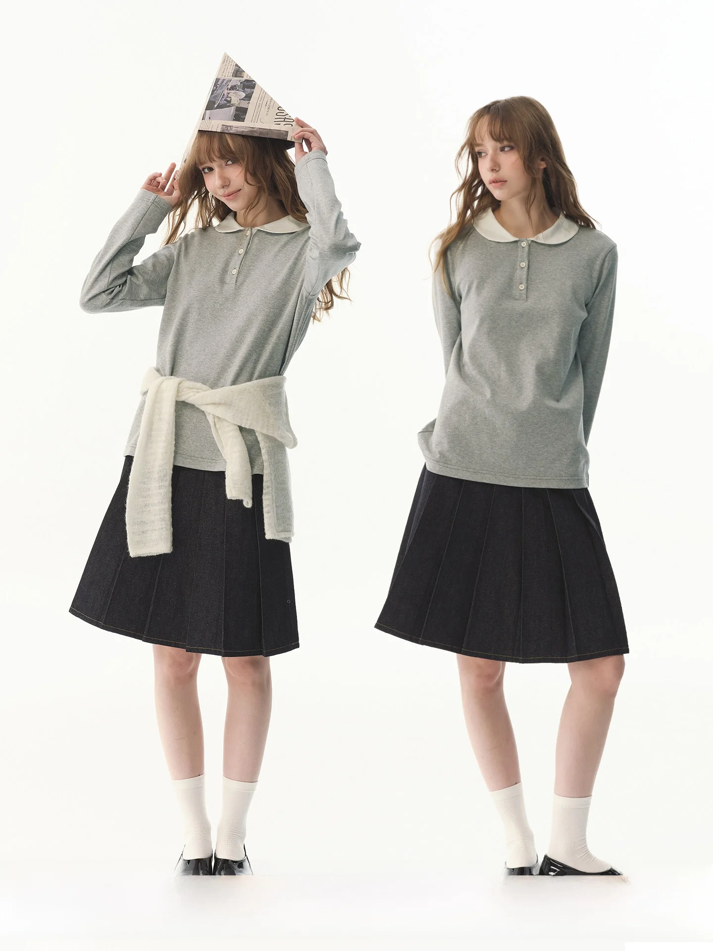 

UNRETRO Sweet Cool Girl Long Sleeve T-shirt Women's Stand Fit Base Layer Top Doll Collar Color Block Open Cardigan