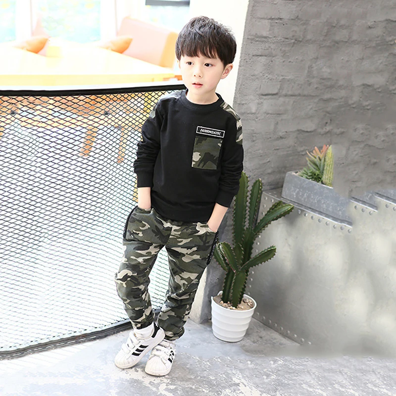 Autumn Children Boys Cotton Camouflage Pattern Long Sleeve Casual T-shirt Tops Trousers Outfits Set