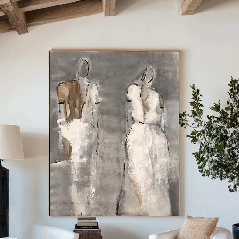 Painted Painting Large Grey Beige Textured Painting Vintage Figurative Canvas Art Mhemyo Wabi Sabi Wall Art Woman Figure Hand