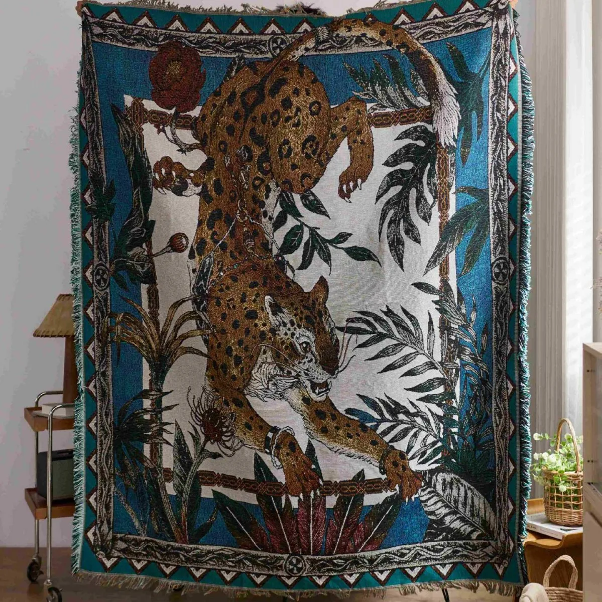 

Textile City Bohemian Jungle Tapestry Blanket: Leopard Print & Exotic Plant Design for Wall Hanging or Cozy Throws