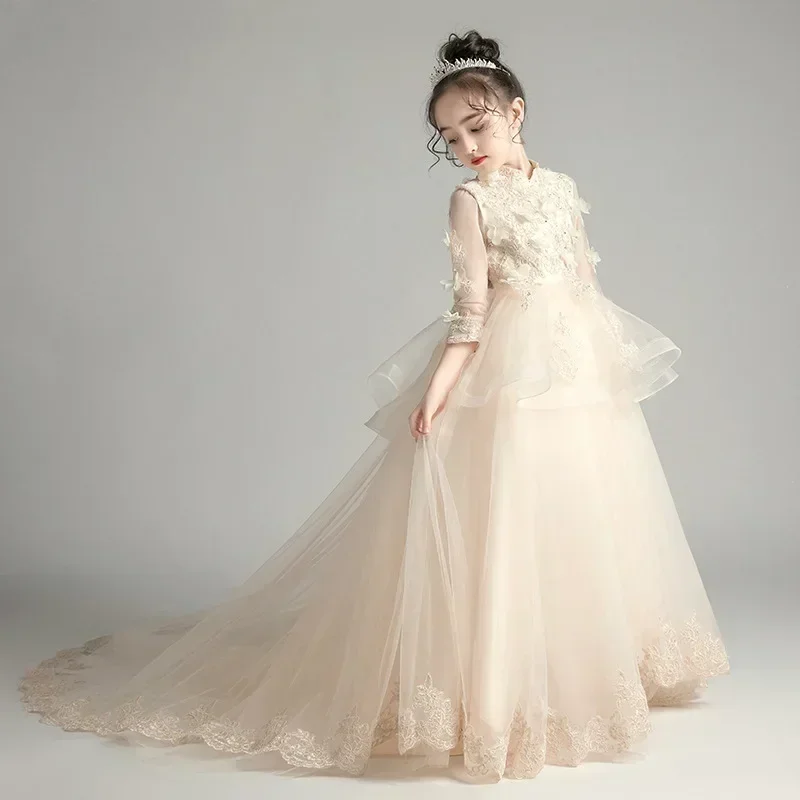 Robe de soirée en gaze moelleuse pour enfants, robe de performance, queue de fleur, spectacle de marche pour garçon, petite fille, nouveau, printemps, 2024