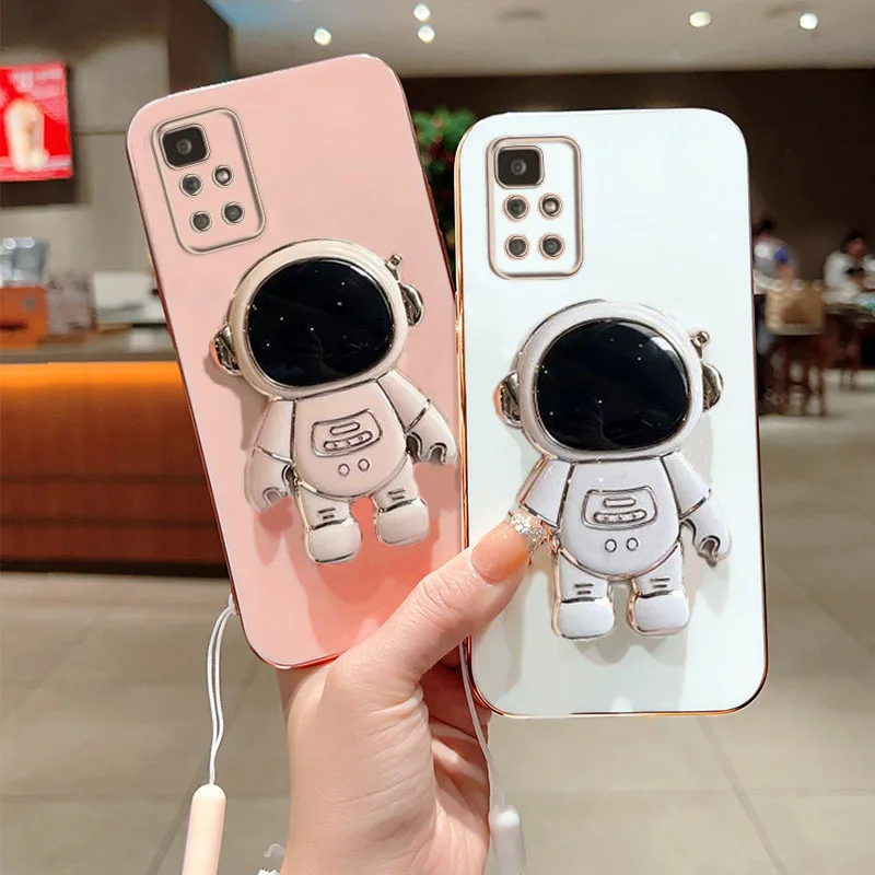 Phone Case for Xiaomi Redmi 12C Redmi 9  9A 9C 9T Redmi 10 Redmi 10A 10C 10X Plating Astronaut Fold Stand With Lanyard Cover