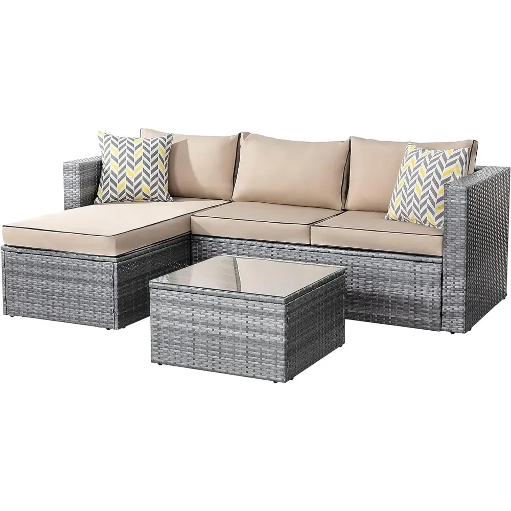 Furniture Sets 3 Pieces Outdoor Sectional Sofa Silver All-WeatherSmall Conversation Couch Washable Cushion Glass Table（Khaki）