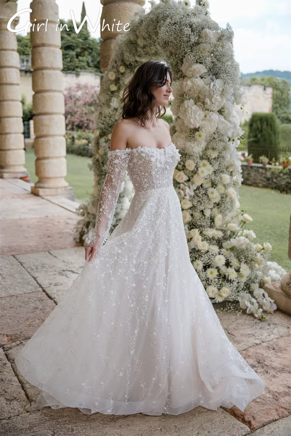

Luxury Wedding Dress Ball Gown White Off The Shoulder Long Sleeves Lace Appliques Dress Customized High Quality Women Clothing