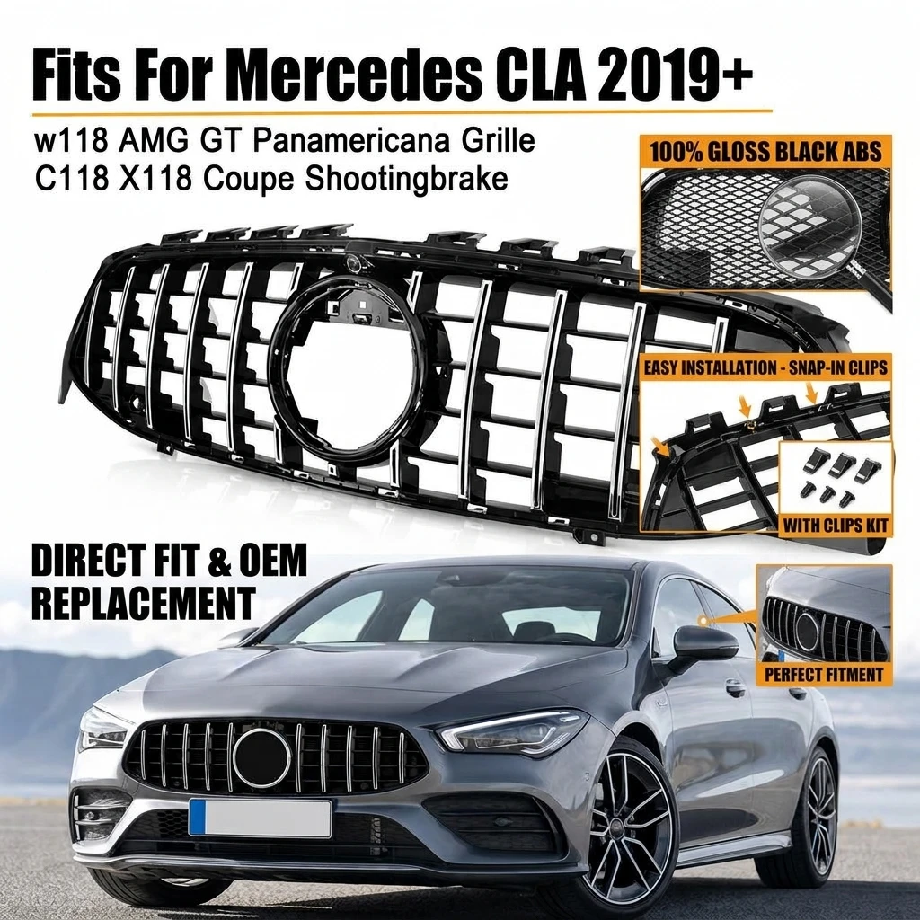 Per Mercedes CLA W118 AMG GT Griglia Panamericana C118 X118 Coupé Shooting Brake 2019+ Griglia Paraurti Anteriore Nera Lucida Griglia a Rete Sostitutiva in Plastica ABS Montaggio Diretto Facile