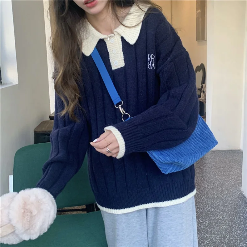 Yellow Sweater Women Polo Collar Preppy Style Korean Oversize All-match Pullover Jumper Female Lazy Chic Fashion