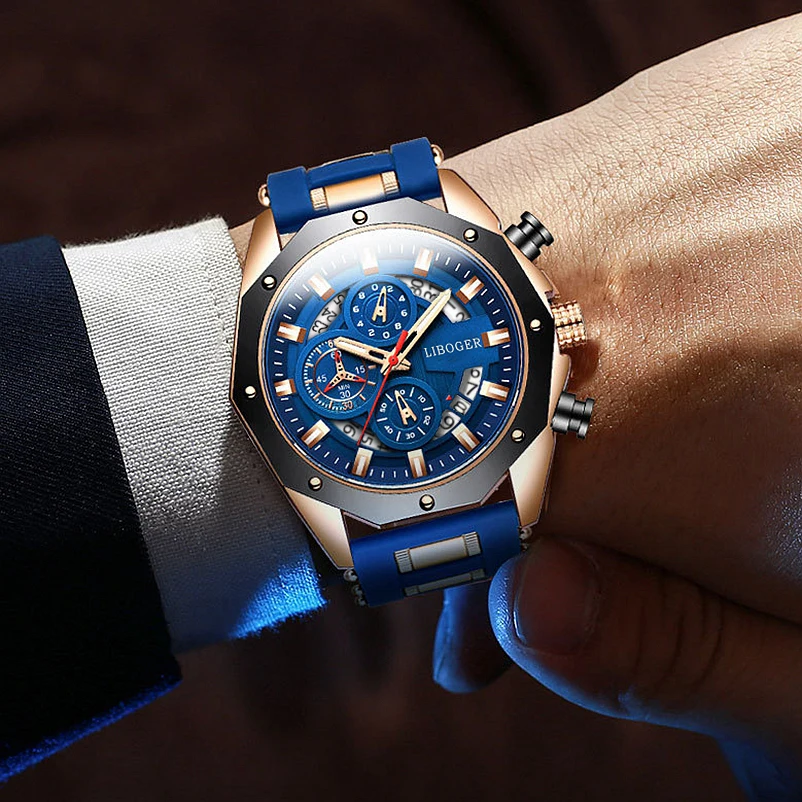 

Fashion Business Men Watch Top Brand High Quality Auto Date Big Dial Silicone Strap Sports Quartz Watches For Him Gifts