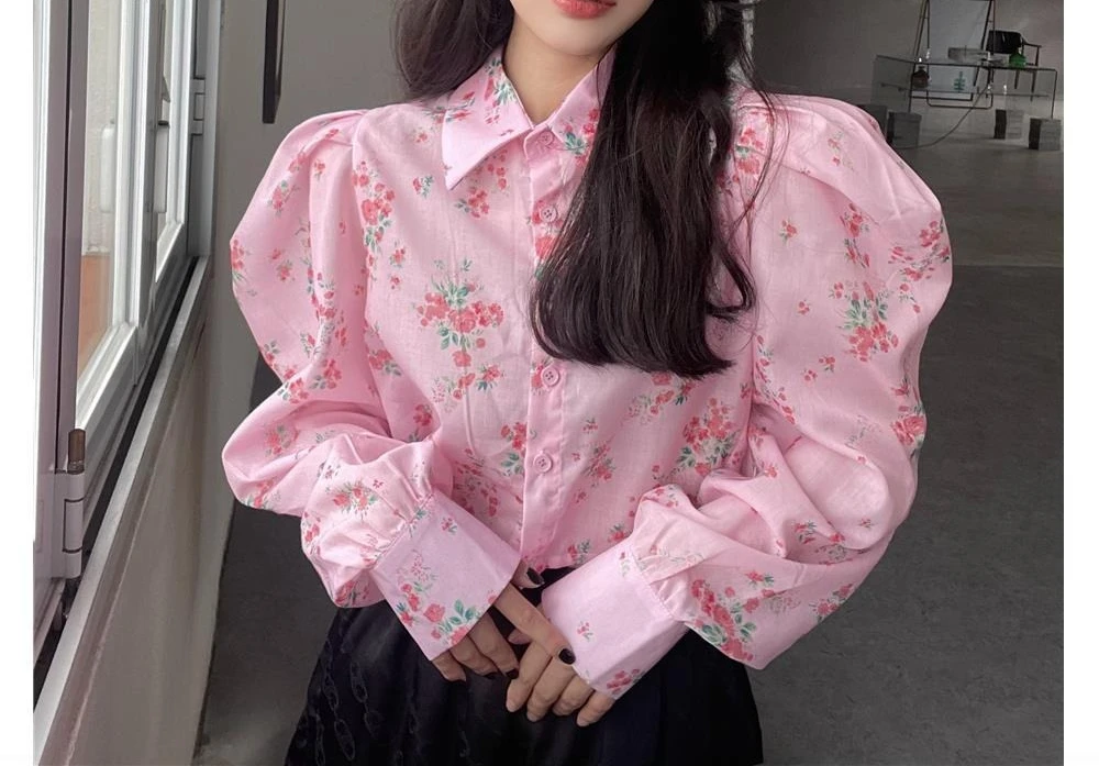 Sweet and Cool Girl Small Floral Age Reduction Pink Shirt Spring and Autumn 2025 New Bubble Long Sleeve Short Waistless Top Tide - Image 2