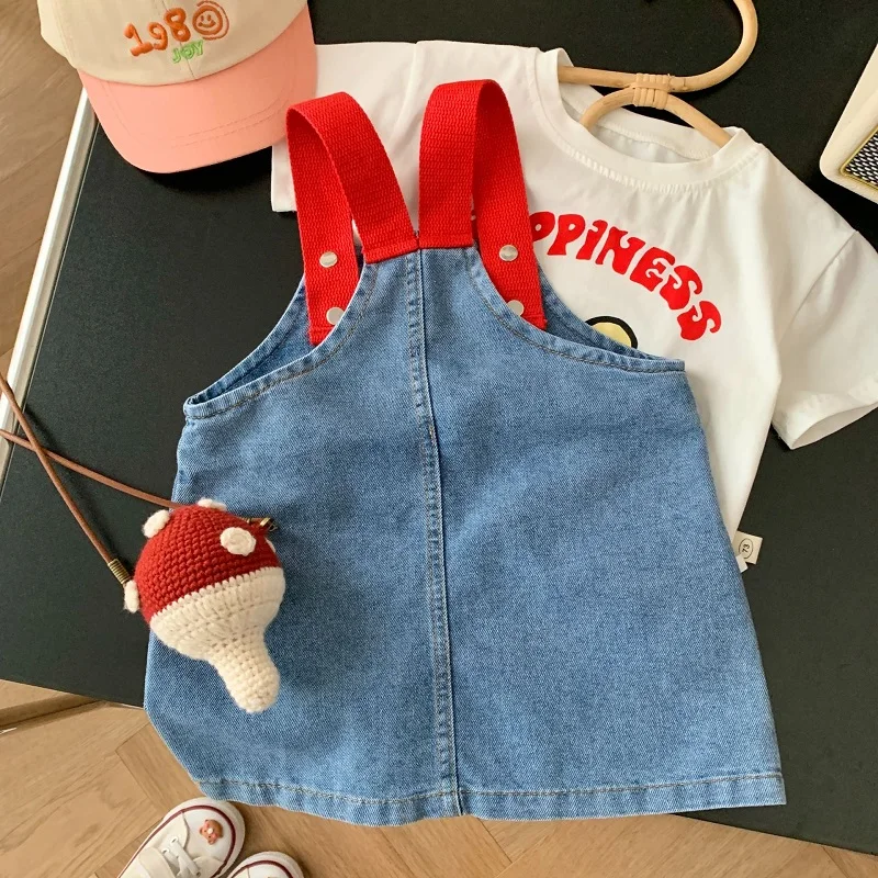 2023 Summer Children Girl Clothes 0-6Years Kids Girl Cartoon Bear Embroidery A-line Denim Dress Overalls Outfit Fashion Sundress