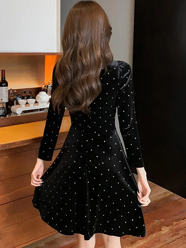 Robe de soirée de luxe vintage coréen pour femmes, velours noir, diamants, pois, tambour élégant, robes de soirée, automne, hiver, 2024