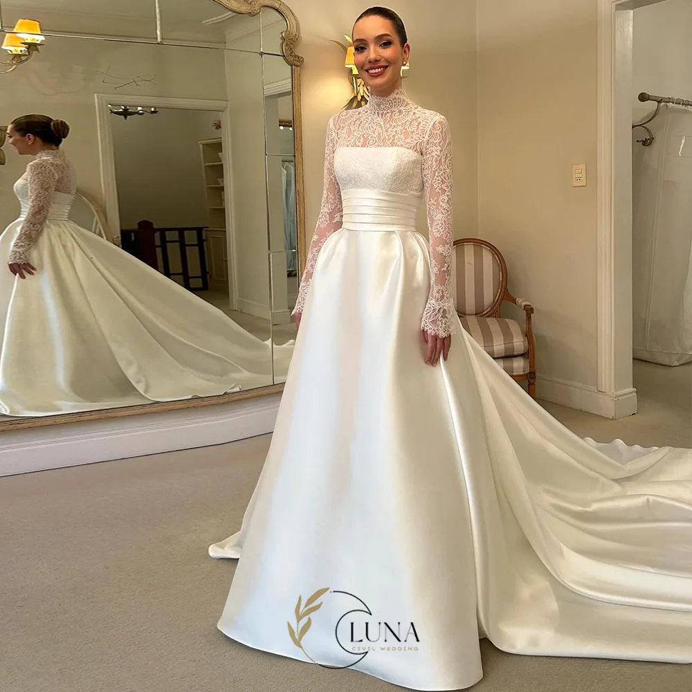 Luna Customized Elegant A Line Lace Wedding Dresses High Neck Long Sleeves Button Back Sweep Train Ruffle robe de mariee Bridal