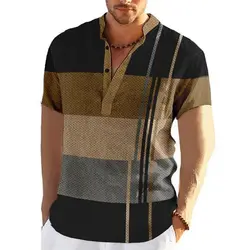 Color Block Striped 3D Print Henley Shirts Men's Fashion Vintage Button Stand Collar Short Sleeve T Shirt Tees Tops Man Clothing