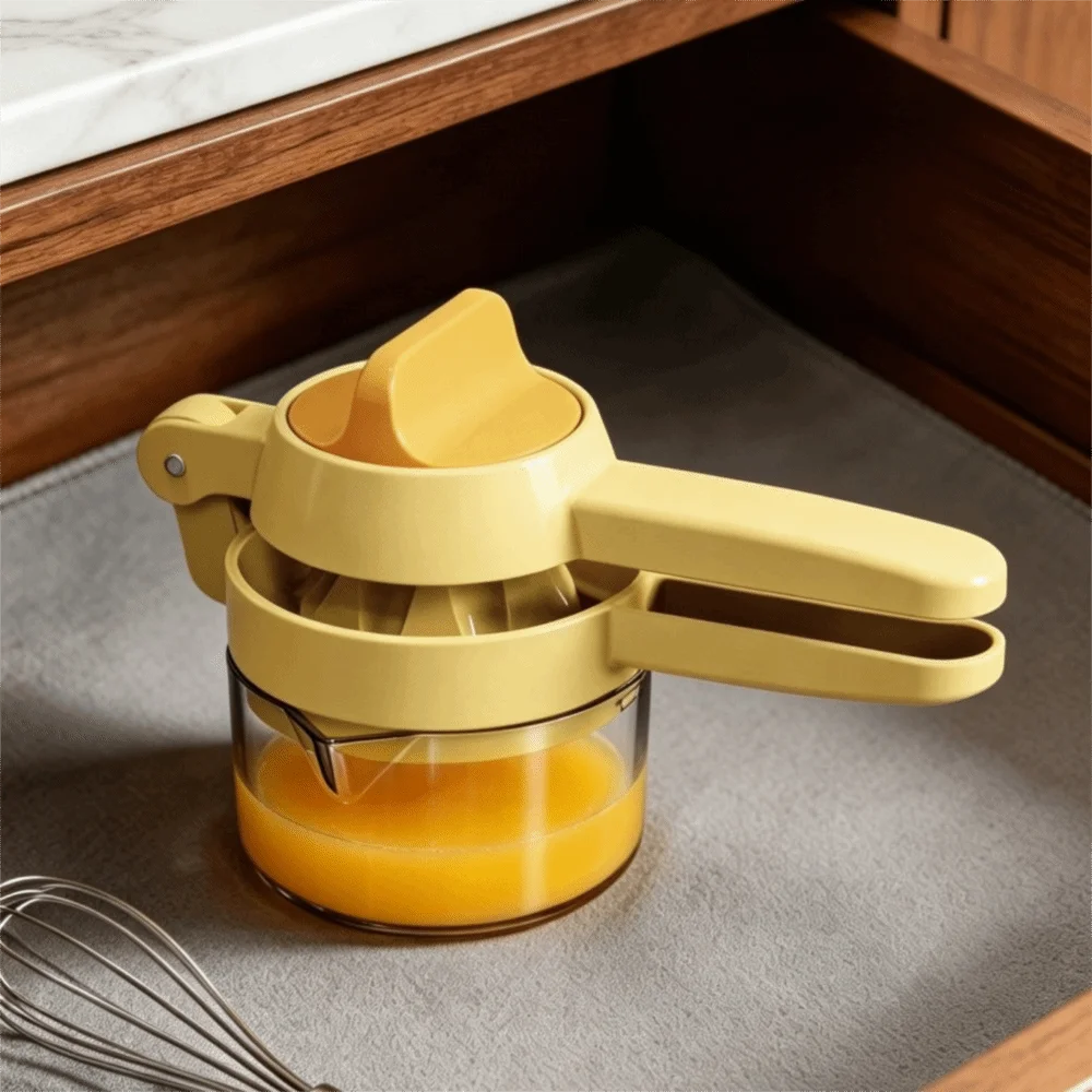 Hand-operated Rotary Manual Lemon Juicer with Juice Storage Cup Labor Saving Citrus Presser V-shaped Guide Nozzle Plastic