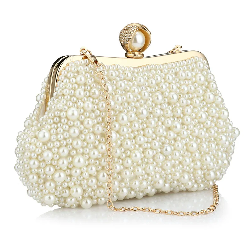 Elegant Lady White Artificial Pearl Evening Handbag Formal Beaded Wedding Bridal Purse Prom Cocktail Party Clutch Bag with Chain