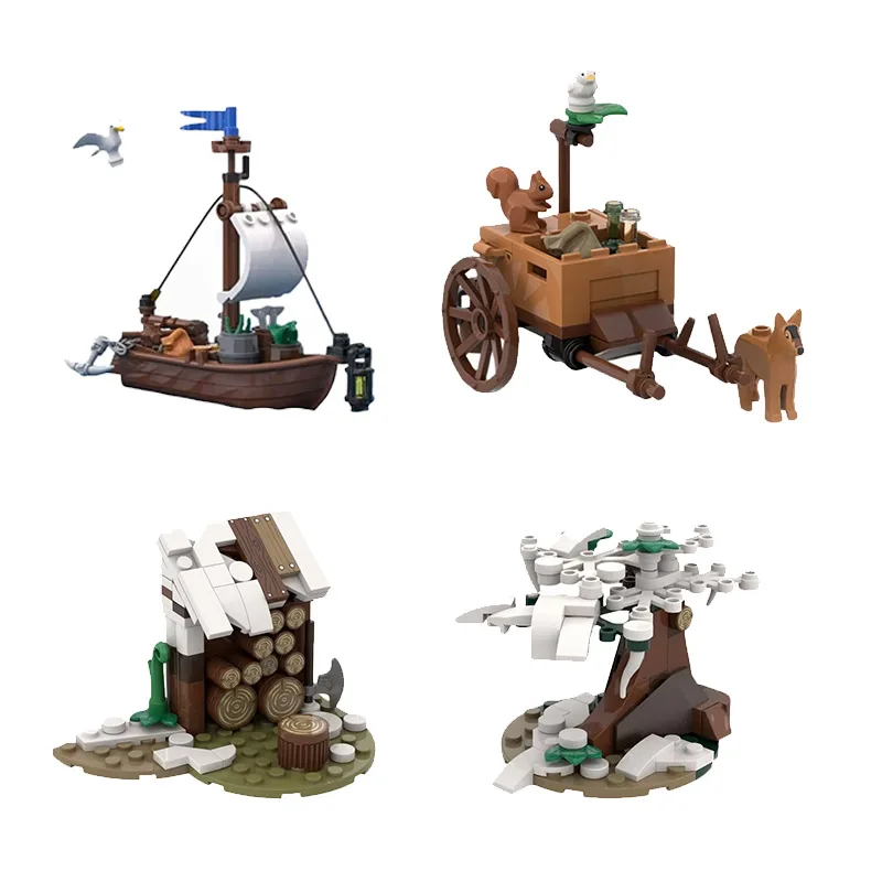 MOC mittelalterliches Miniaturauto, Boot, Winterbäume, Holzhaus, kreative Spielzeugblöcke für kleine Partikel, geeignet für alle Hobbs