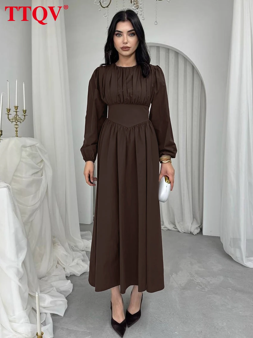 

TTQV Fashion Loose Brown Women Dress 2026 Spring O-Neck Long Sleeve Ankle Length Dresses Elegant High Waist Pleated Female Dress