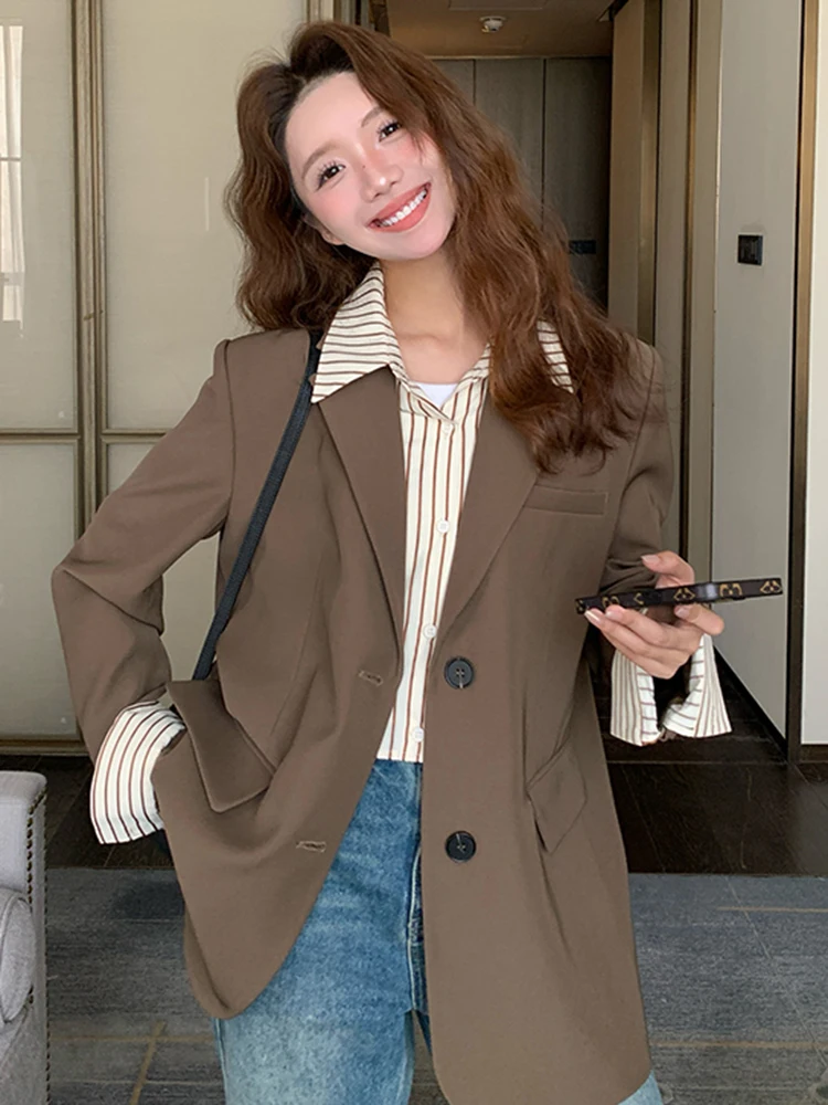 LANMREM Vintage Women's Blazer Striped Collar Contrast Color Patchwork Single Breasted Coat 2025 Spring New Clothing 2AA5085