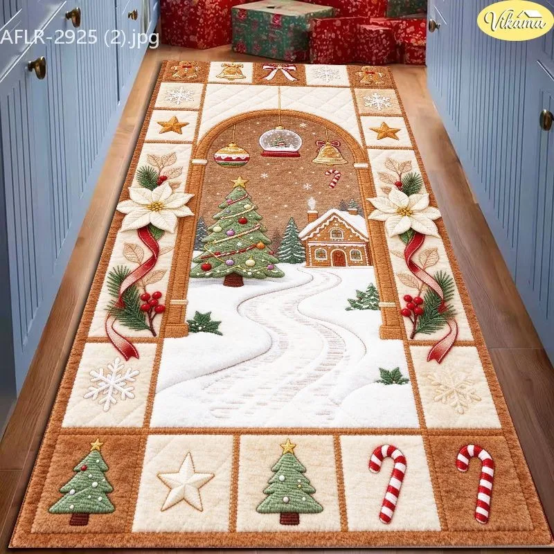 VIKAMA Christmas Runner Rug, Winter Farmhouse Barn Snowy Scene, Trees Snowflakes, Textured Plush, Cozy Hallway