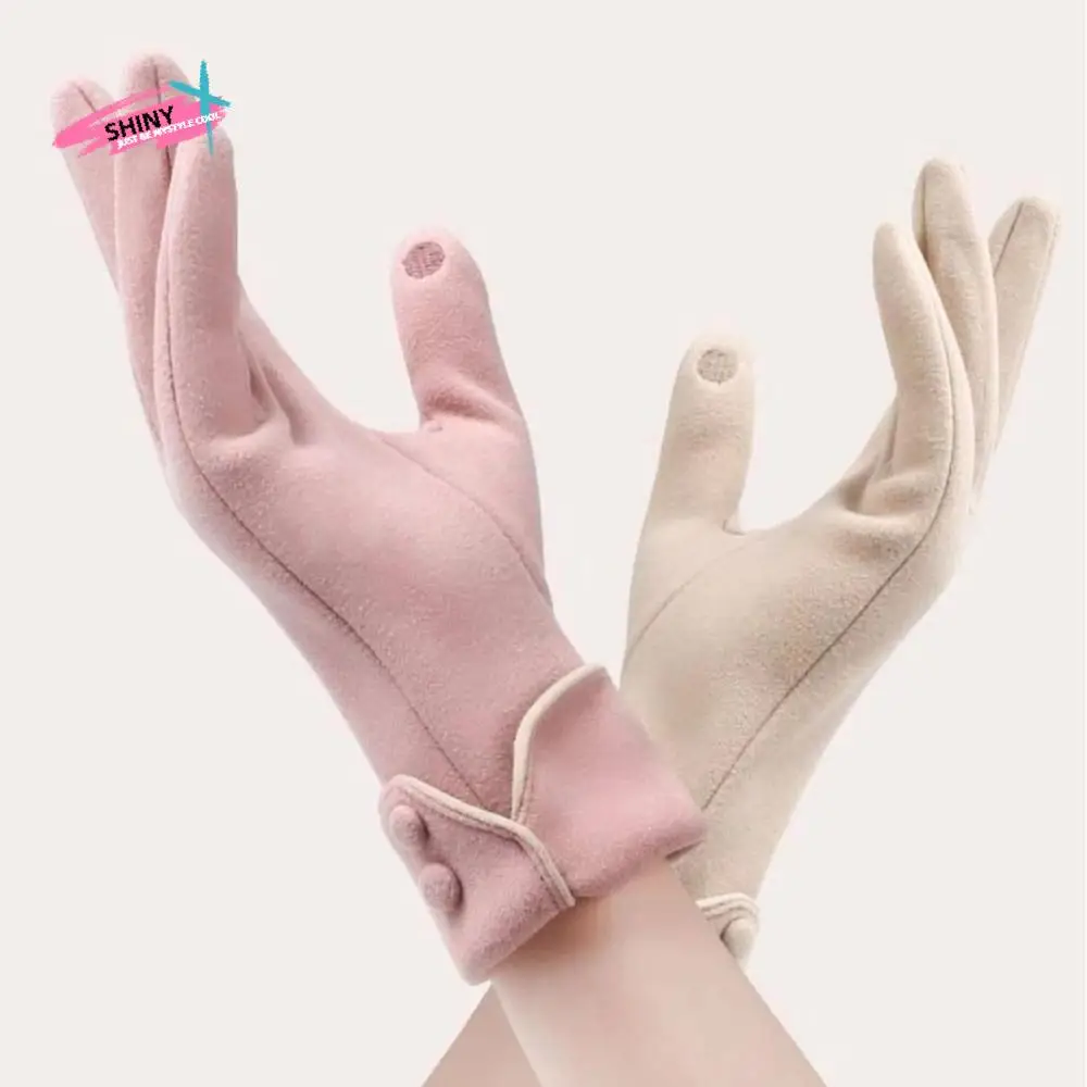 

Simple Thickened Women Suede Gloves Plush Windproof Touch Screen Gloves Keep Warm Full Finger Winter Mittens Girl