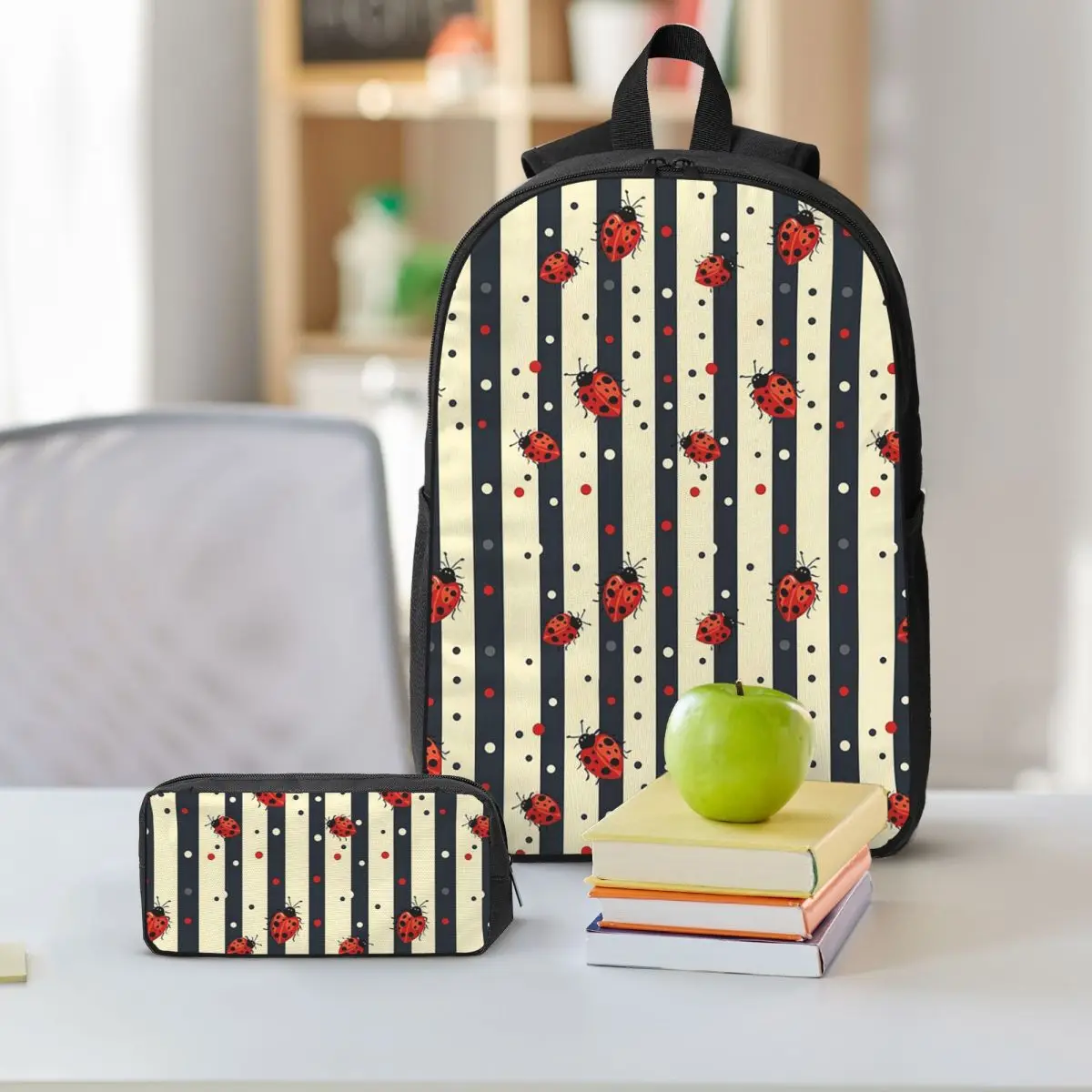 Cute Ladybug And Red White Polka Dots Backpack Boys Girls BookBag School Bag Shoulder Bags 3ps Insulated Lunch Bag Pencil Case