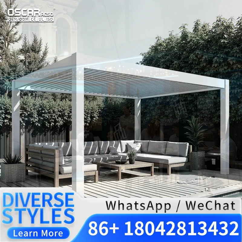 Pérgola de Aluminio de 6m x 4m con Laterales y Techo Eléctricos, Marco con Recubrimiento en Polvo, Aspecto de Madera Tratada a Presión, para Uso en Exteriores, Patio, Jardín, Terraza