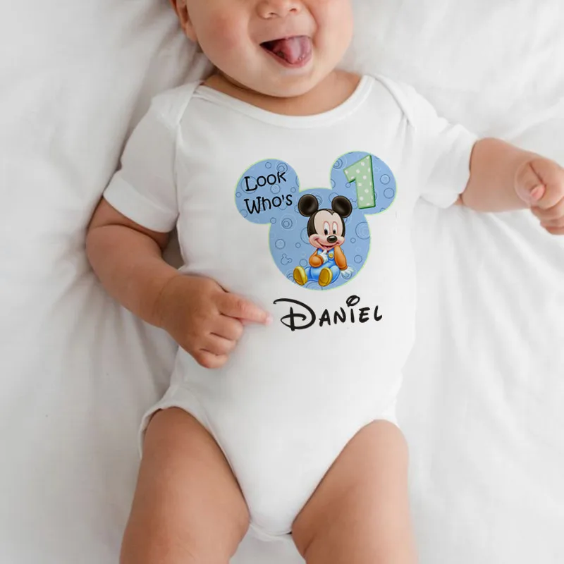 Personalized Custom Baby Name Look Who\'s 1st Birthday Baby Boy Bodysuit Mickey Mouse Infant Boy Birthday Party Clothes