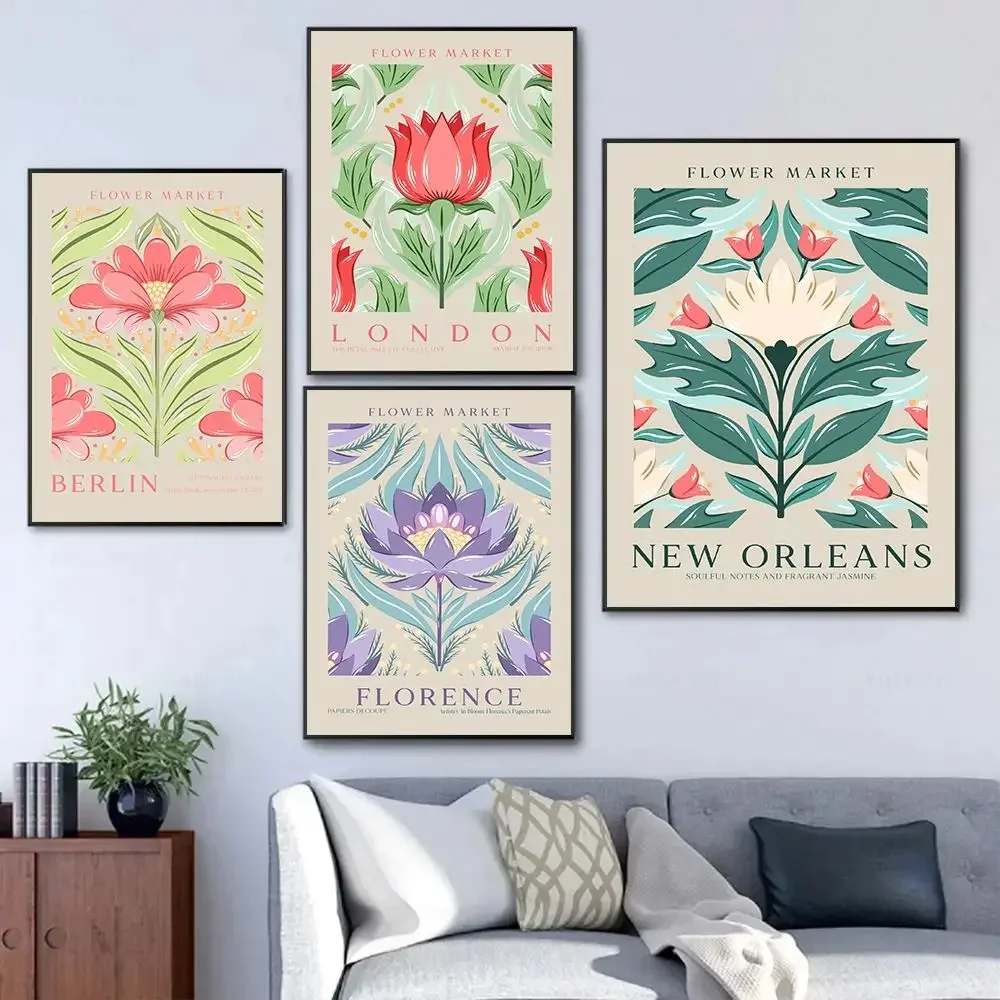 Modern Nordic Abstract Plant Art Flower Market Retro Posters Prints Canvas Painting Wall Art Picture Living Room Home Decor