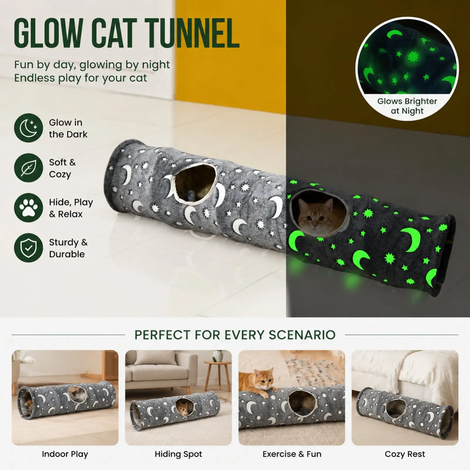 Kitten Cat Tunnel Glow In Dark Interactive Toy Foldable 600D Oxford Fabric Play Tube for Indoor Pets Hide and Seek Activity