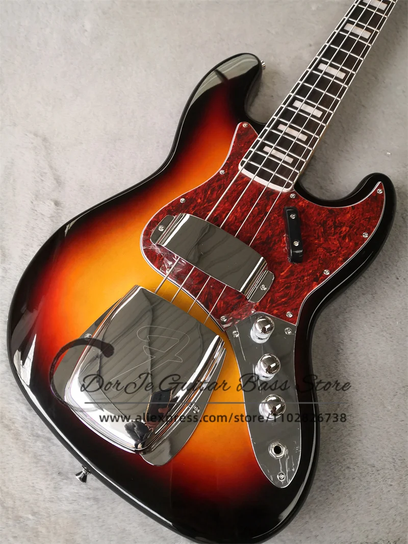 4 string Bass Guitar Sunburst Body Rosewood Fingerboard Fixed Bridge Iron protective shell Red turtle pickup guard Ja Bass