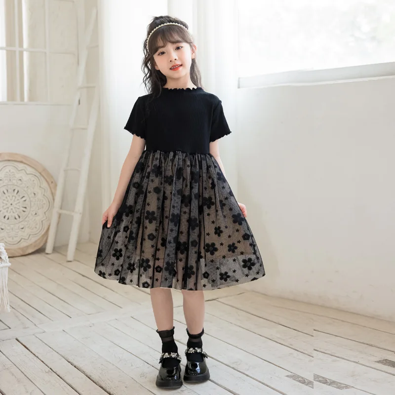 

Girls Short-sleeved Dress 2024 Summer Dress New Skirt South Korea Big Child Princess Skirt Foreign Style Childrens Skirt