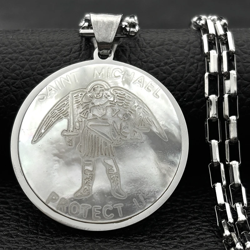 

Archangel Saint Michael Protect Us Stainless Steel Chain Necklace for Women Men Gold Color Pendant Necklaces Shell Jewelry