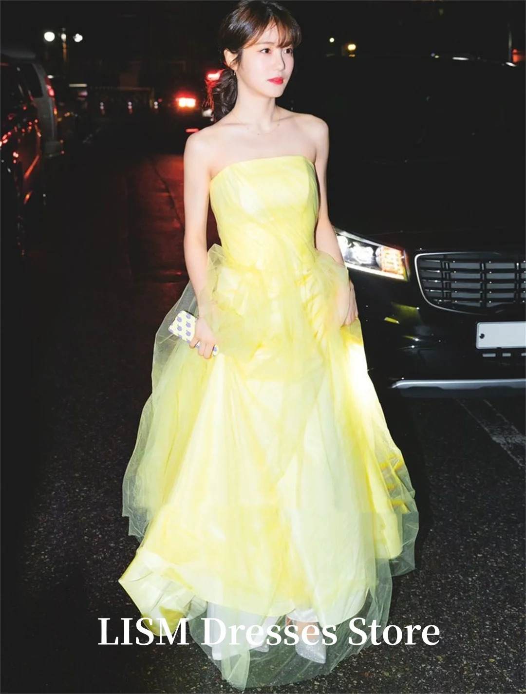 فساتين LISM مخصصة للحفلات المسائية باللون الأصفر بدون حمالات من التل الكوري بدون أكمام لحفلات الزفاف للنساء فساتين حفلات للمناسبات