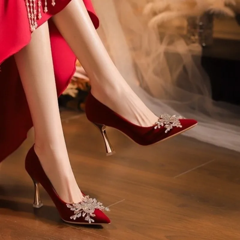 New Women's High Heel Shoes Causal Wedding Versatile Wine Red Ladies Bride Dress Shoes Luxury Woman Performance Mary Jane Shoes