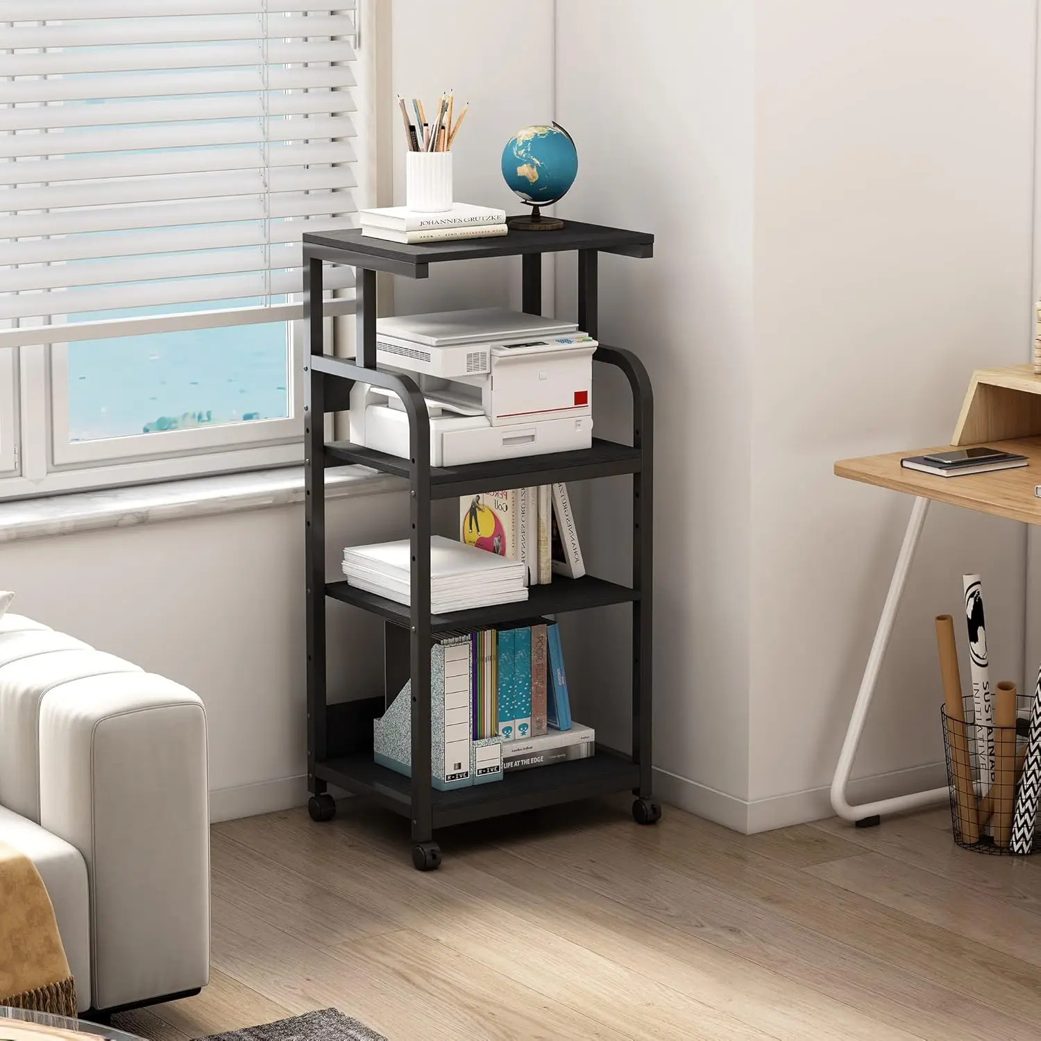 Printer Stand with Adjustable Shelf, 4 Tier Large Tall Printer Table with Wheels for Home Office Storage and Organization