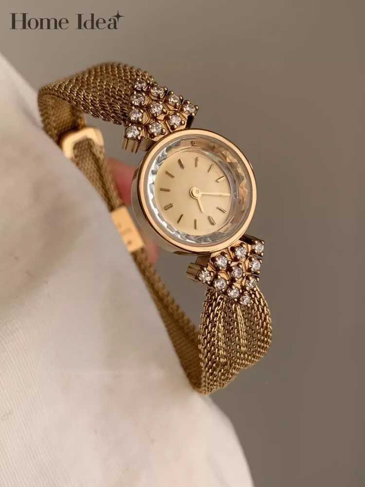 Vintage Golden Round Women Quartz Watch Weaving Design Diamonds Elegant Office Ladies Wrist Watches