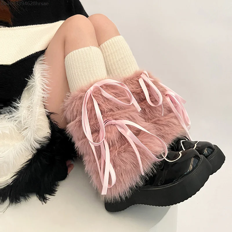Girls JK Boot Cuffs Leg Warmers Women Winter Warm Harajuku Sweet Ribbon Bowknot Long Socks Furry Plush Boot Cover Party Costume