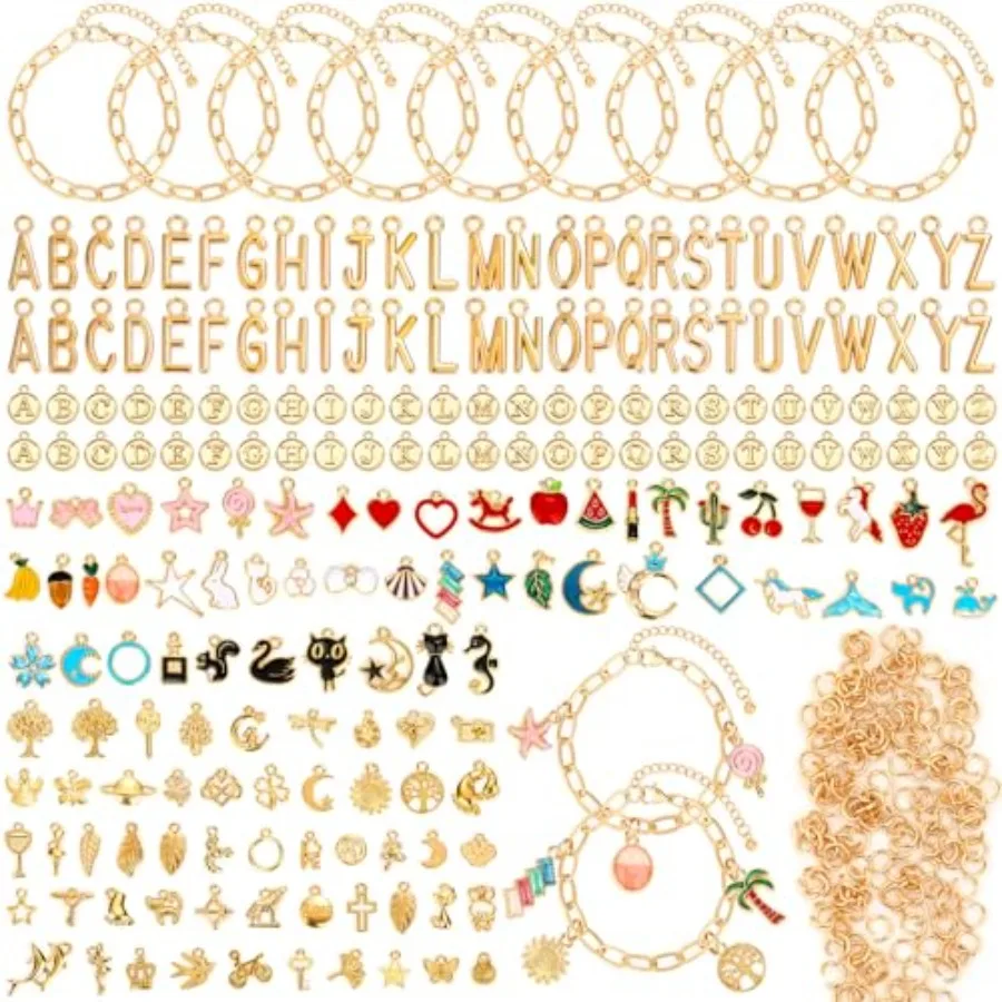

416 Pieces Gold Charm Bracelet Making Kit, Including Paperclip Chain Bracelets, Charms, Jump Rings for Jewelry Making