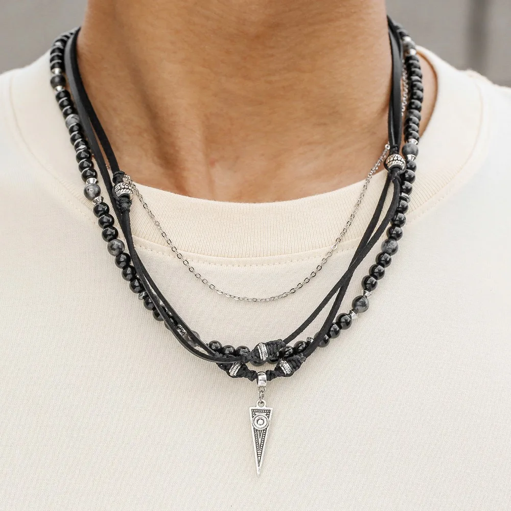 Hip-hop Retro Western Metal Triangular Pendant Black Agate Beads Leather Rope Multi-layered Necklace for Men Punk Biker Jewelry
