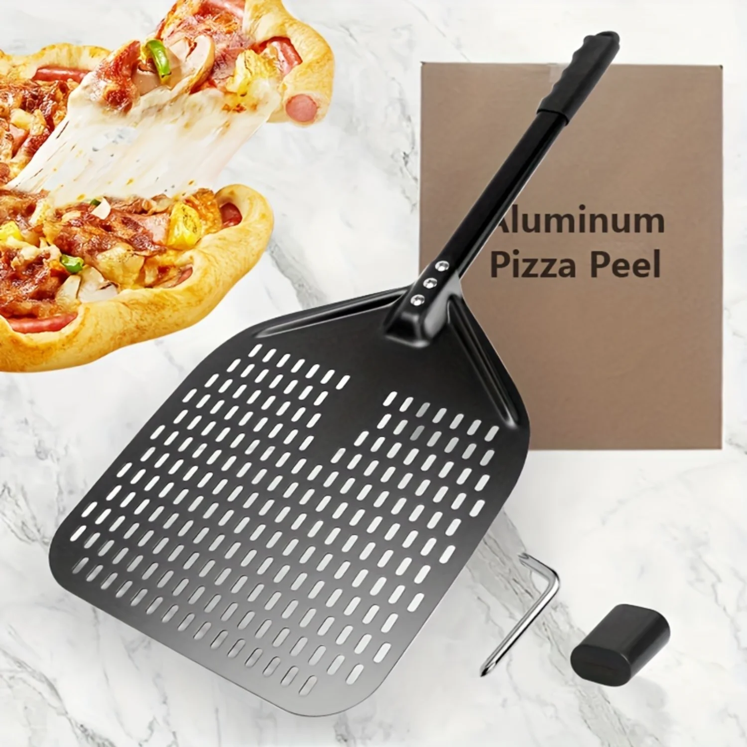 1pc Black Aluminum Pizza Peel Perforated Paddle Folding Handle Lightweight Sturdy Kitchen Baking Slicing Utensil