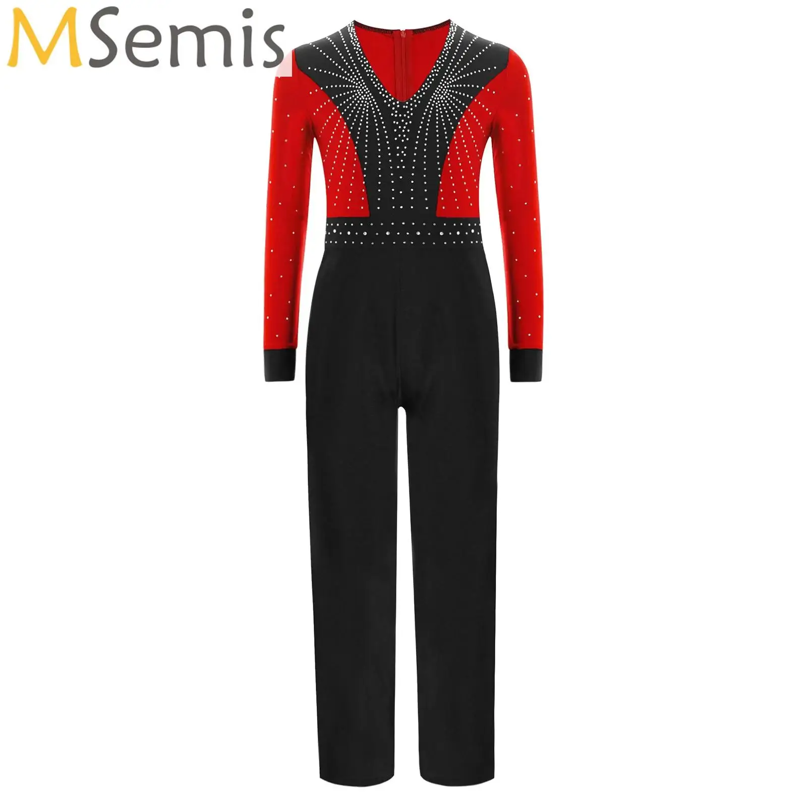 Kids Boys Color Block Latin Dance Jumpsuit V Neck Long Sleeve Full Body Leotard Children Figure Skating Performance Costume