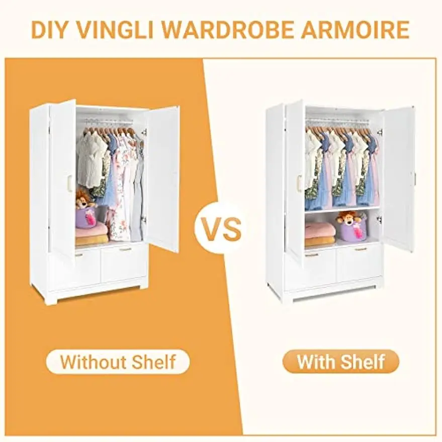 ตู้เสื้อผ้า Armoire สีขาวพร้อมชั้นวางและลิ้นชักปรับระดับได้ ตู้เสื้อผ้าอิสระ 60 นิ้ว ตู้เสื้อผ้า ตู้เสื้อผ้า และตู้เสื้อผ้า