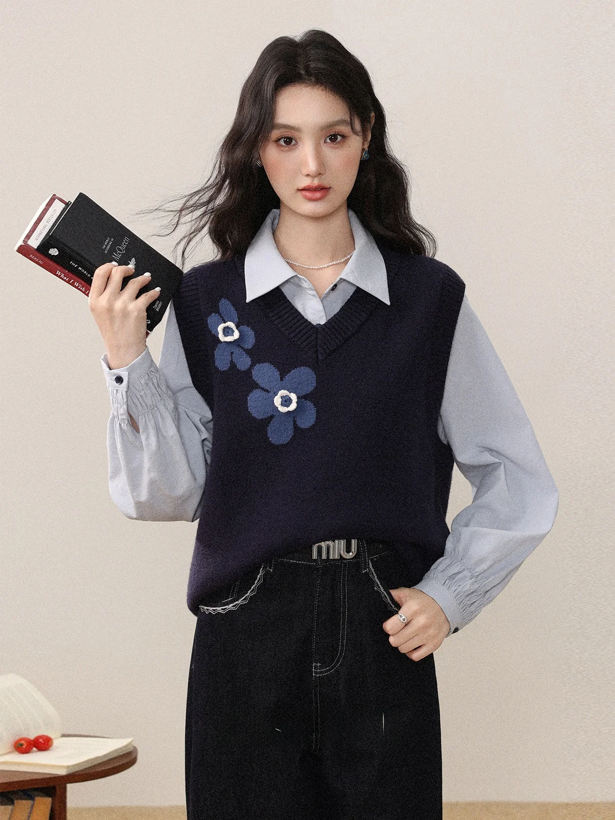 

Blue Women's irt And Vest Set Loose Fit Long Sve Button down Splice Color Autumn Faion Two-Piece Suit Zhaung Qing Color